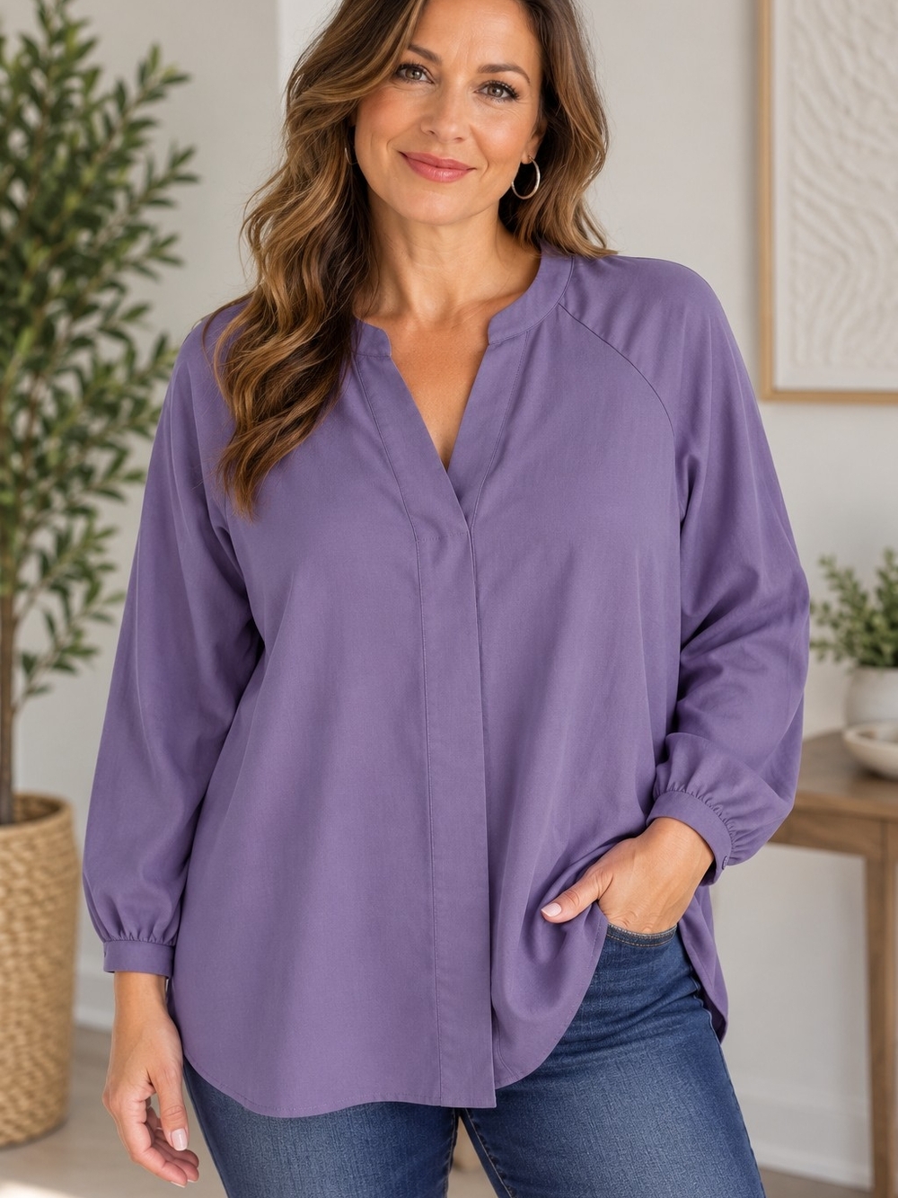 Julia Allert Everyday V-Neck Long Sleeve Blouse in Dusty Lavender
